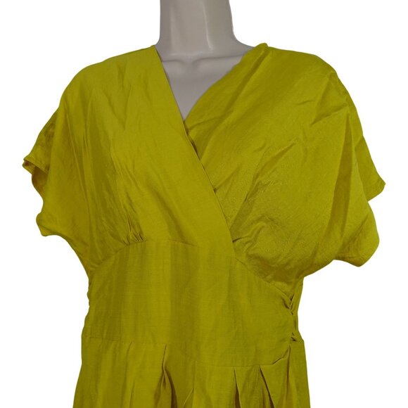 Shein Yellow Gold Surplice V-Neck Faux Wrap Dress Short Sleeve Women Size L - Picture 2 of 10